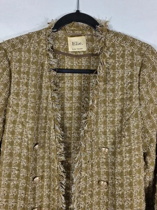 Elie Tahari Sparkle Desert Plaid Tweed Long Blazer Size Medium Ivory & Tan Plaid - Picture 6 of 12